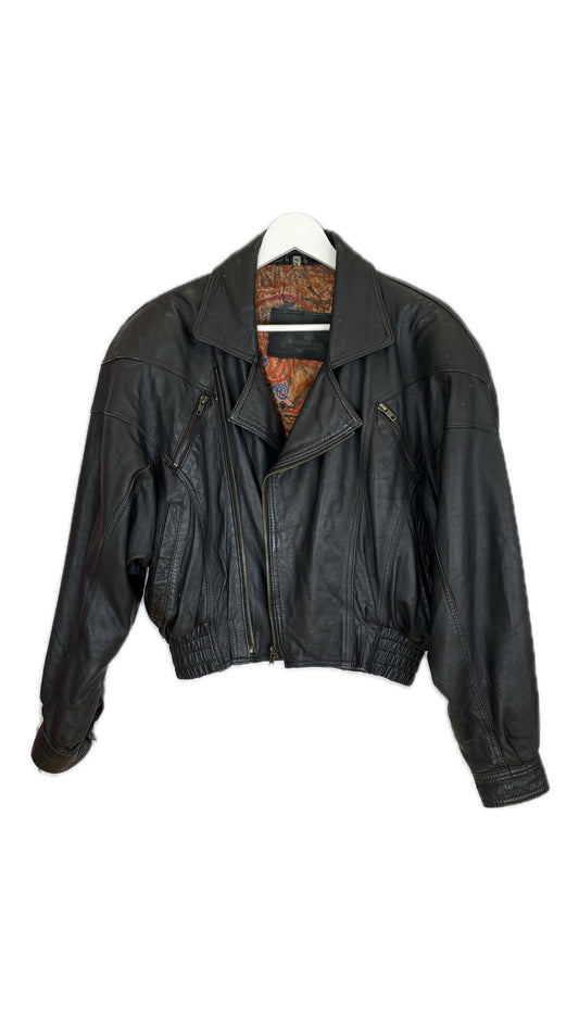 Cropped leather jacket with shoulder pads
