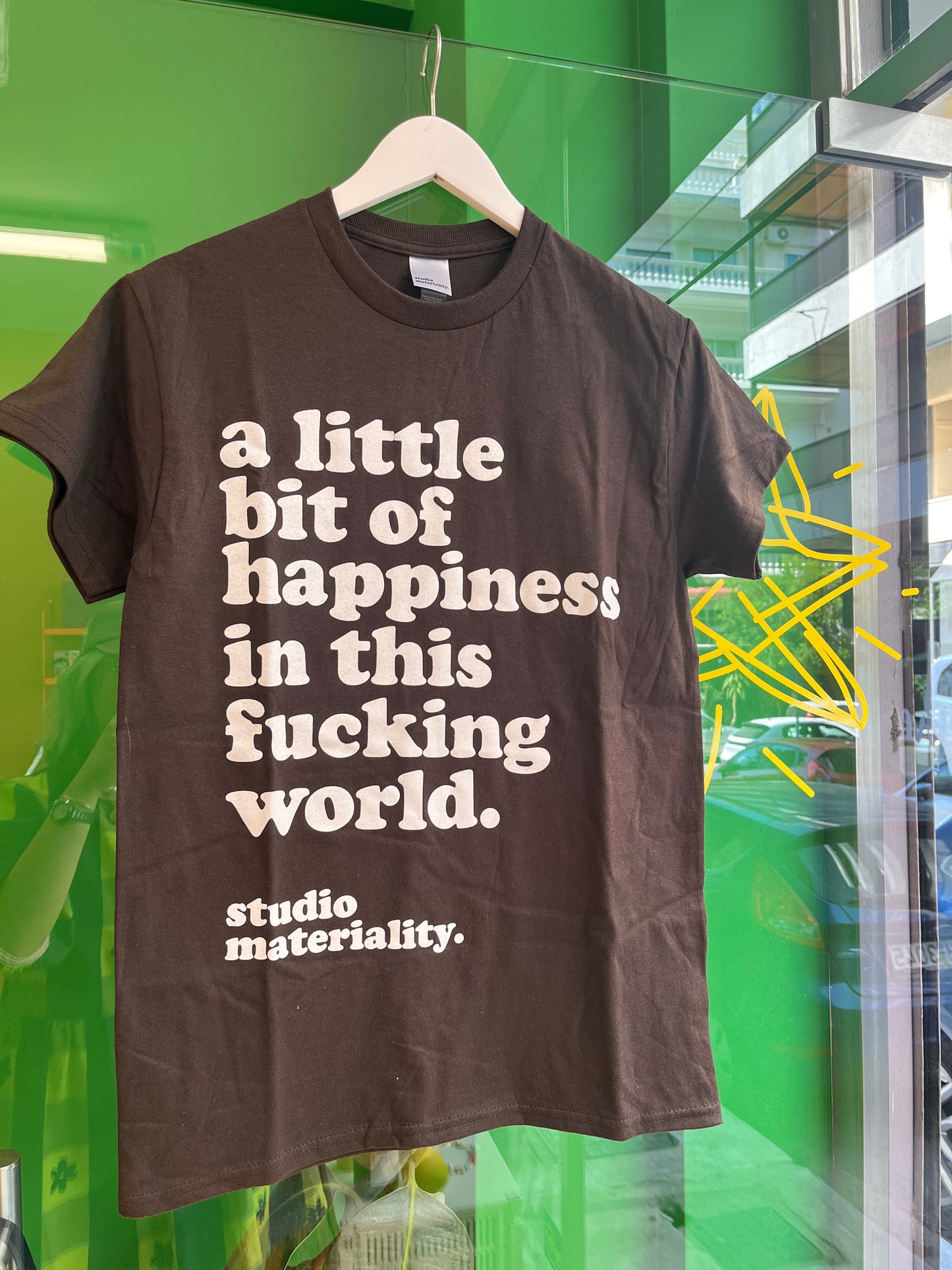 a little bit of happiness t-shirt white on brown